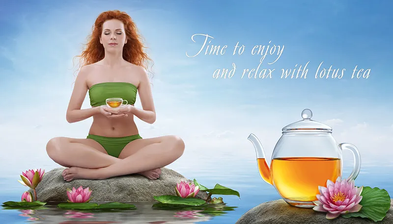 Cartel publicitario de Lotus Tea - Parte 05 - Tetera de composición con inserto de letras de loto