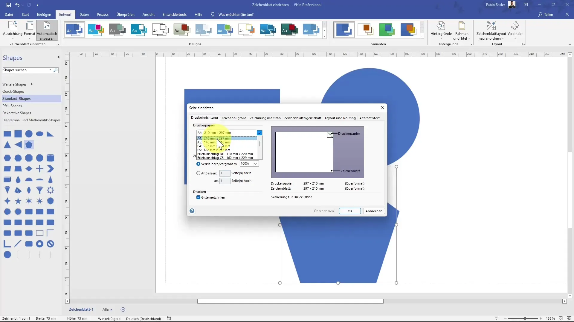 Effettiva configurazione del foglio di disegno in MS Visio