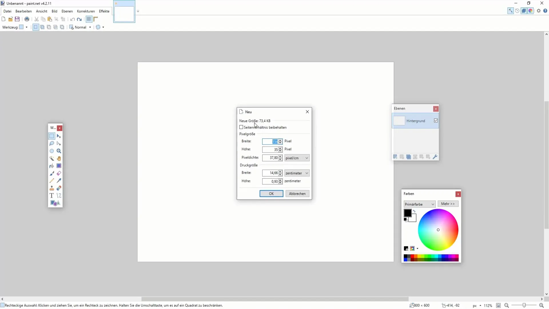 Attēla un audekla izmēra optimizācija programmā Paint.NET