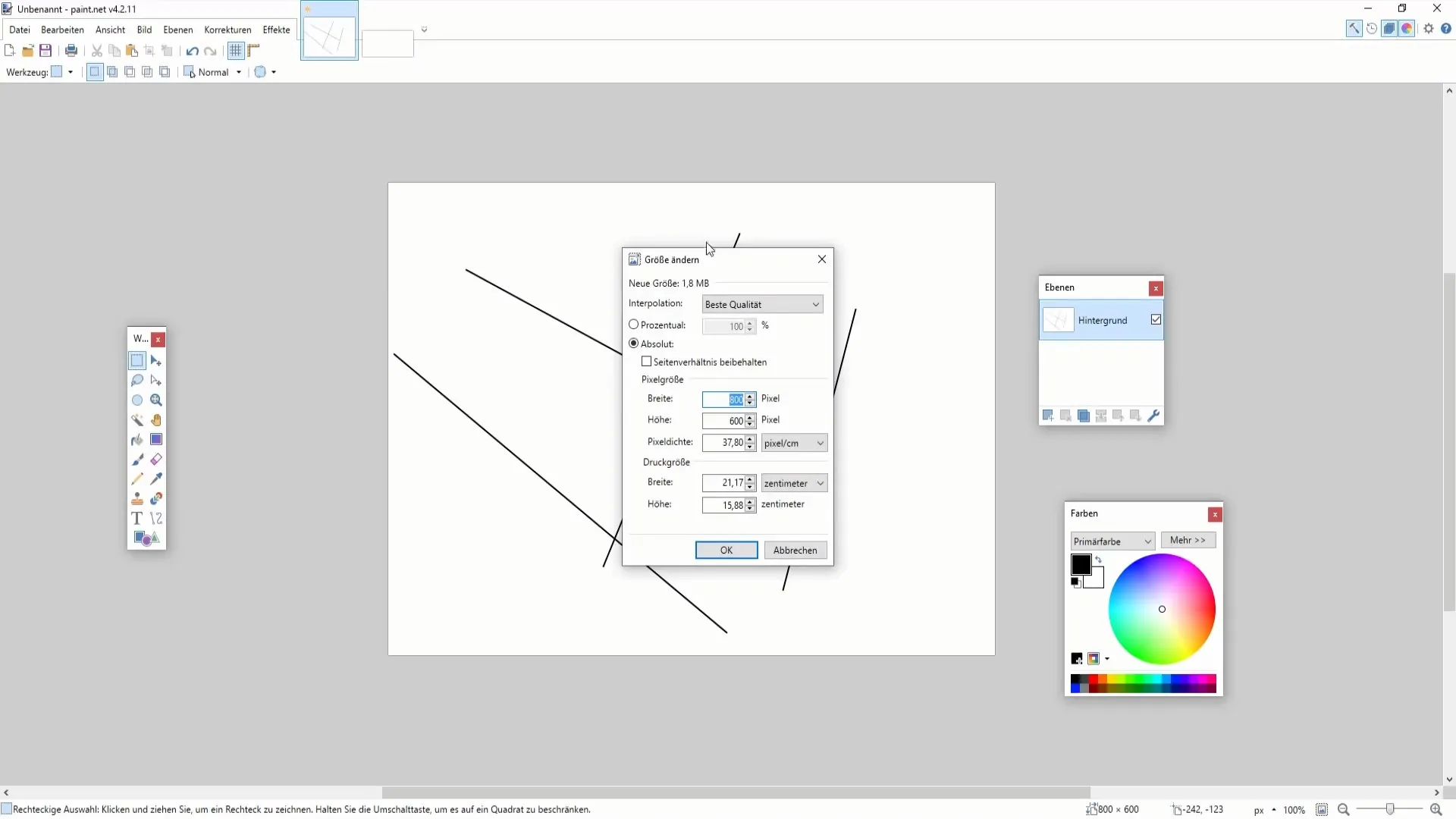 Attēla un audekla izmēra optimizācija programmā Paint.NET
