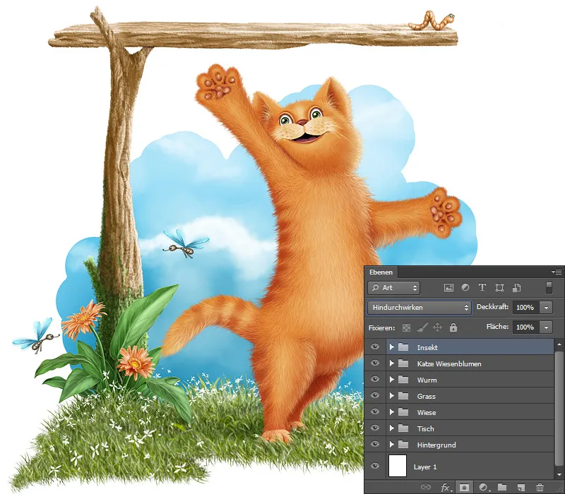 Ilustración - ¡A la caza del pez! - Parte 2 - Fondo de pintura, insectos y gusano