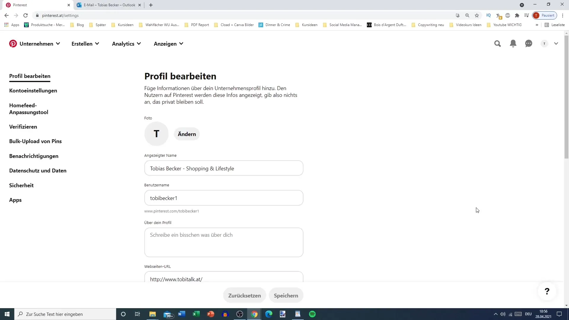 Vytvořit profil na Pinterestu: popis profilu, profilový obrázek a úvodní obrázek
