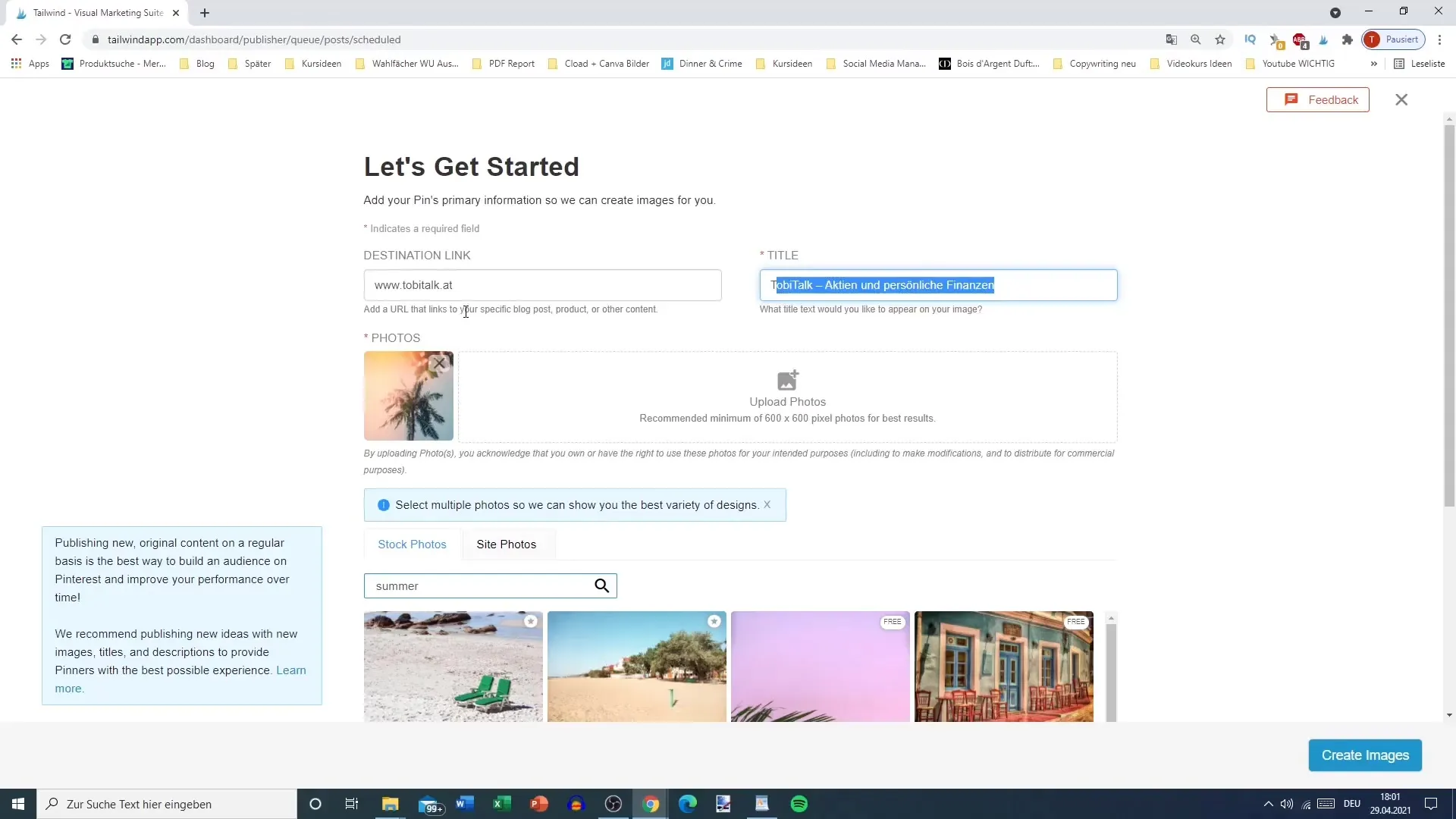 Vytvářejte jednoduše grafiky pro Pinterest pomocí nástroje Tailwind