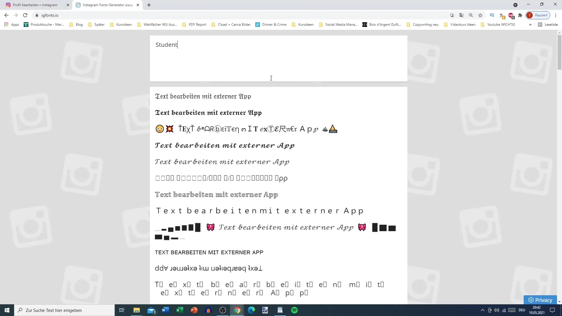 Polices spéciales pour la description du profil Instagram