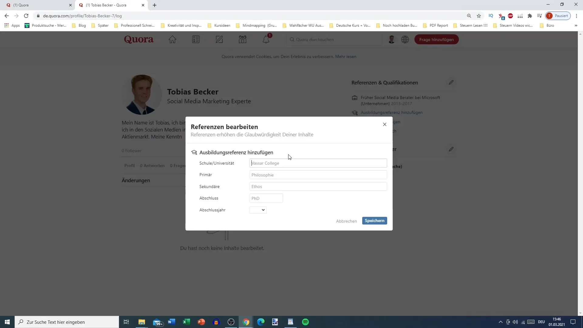 Ottimizzare il profilo Quora: Aggiungere referenze e qualifiche