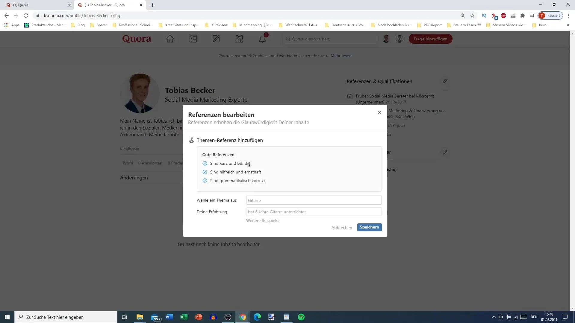 Ottimizzare il profilo Quora: Aggiungere riferimenti e qualifiche