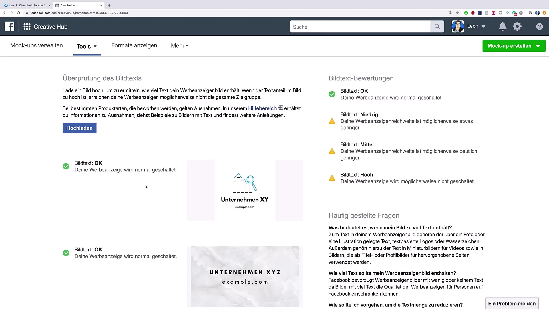 Kontrola textu obrázku v Creative Hubu - optimalizujte své Facebookové reklamy