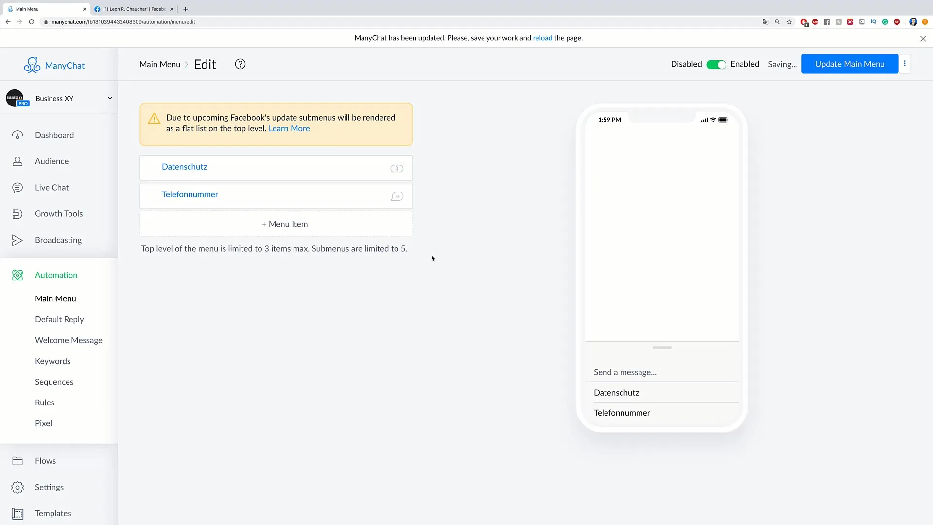 Vytvořit menu pro chatovací desku na Facebooku