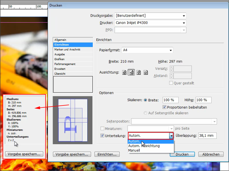 Adobe InDesign: DIN A3/A0 auf mehreren A4-Blättern drucken