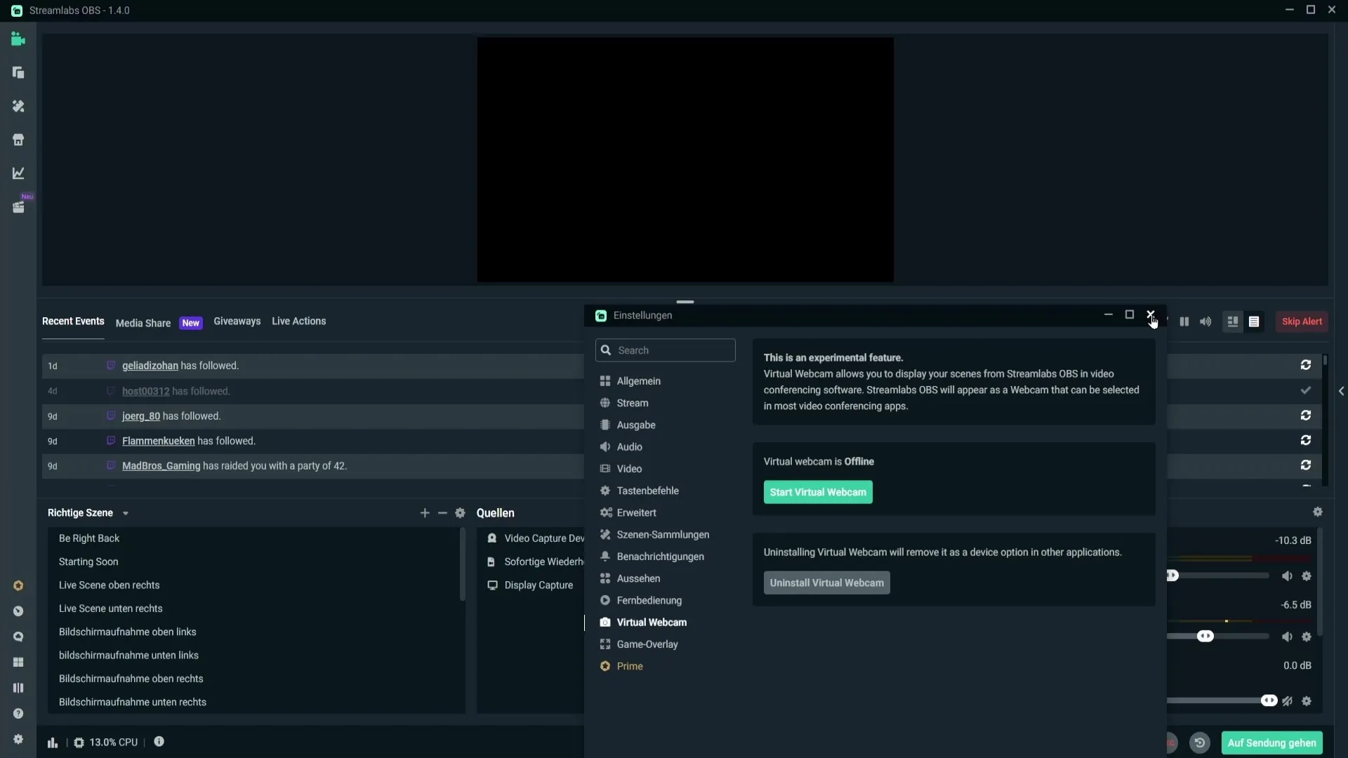 Streamlabs OBS에서 가상 웹캠 설정하기 - 간편하게 설정하기