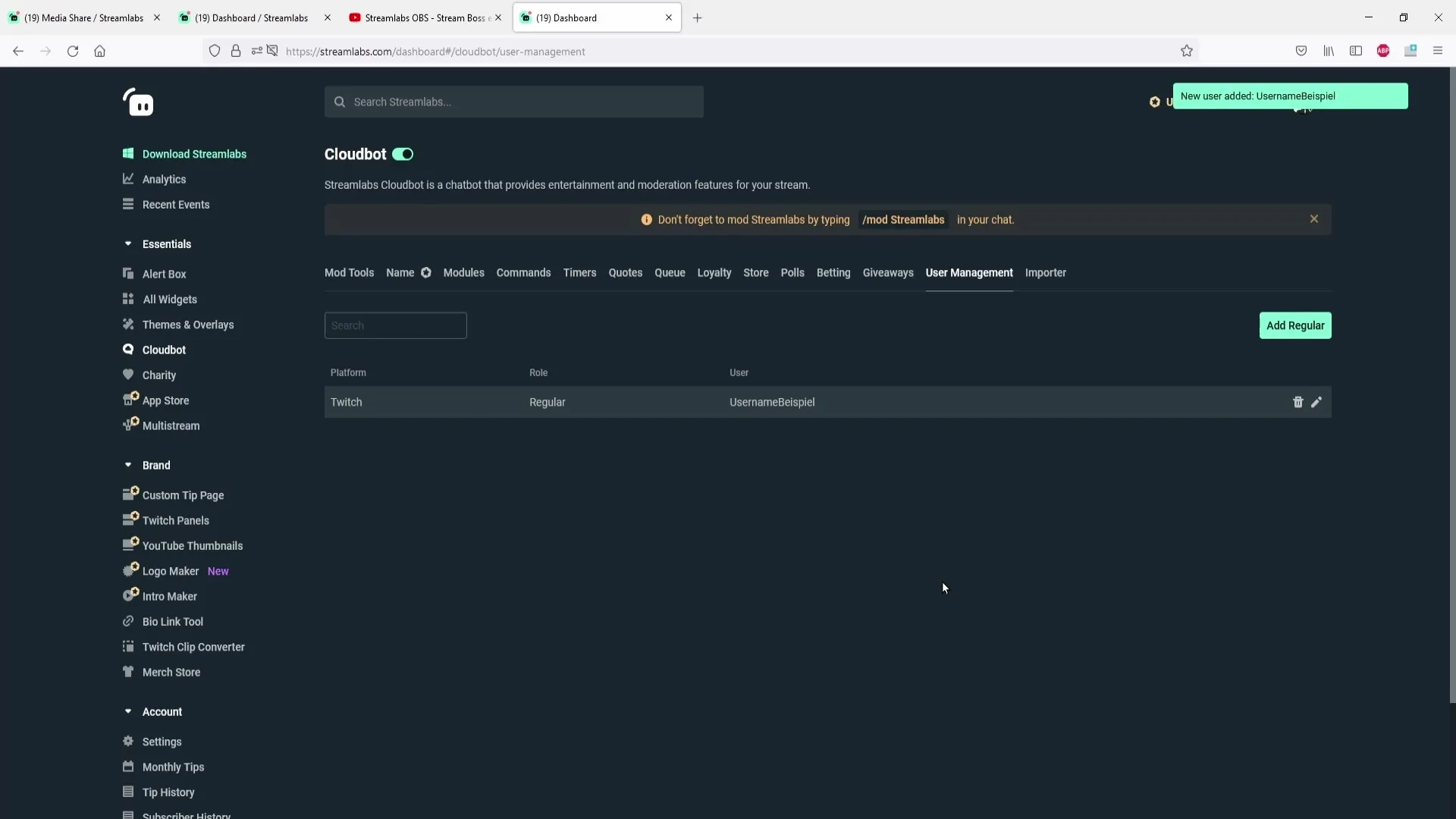 Streamlabs OBS에 정기적으로 롤 추가하기