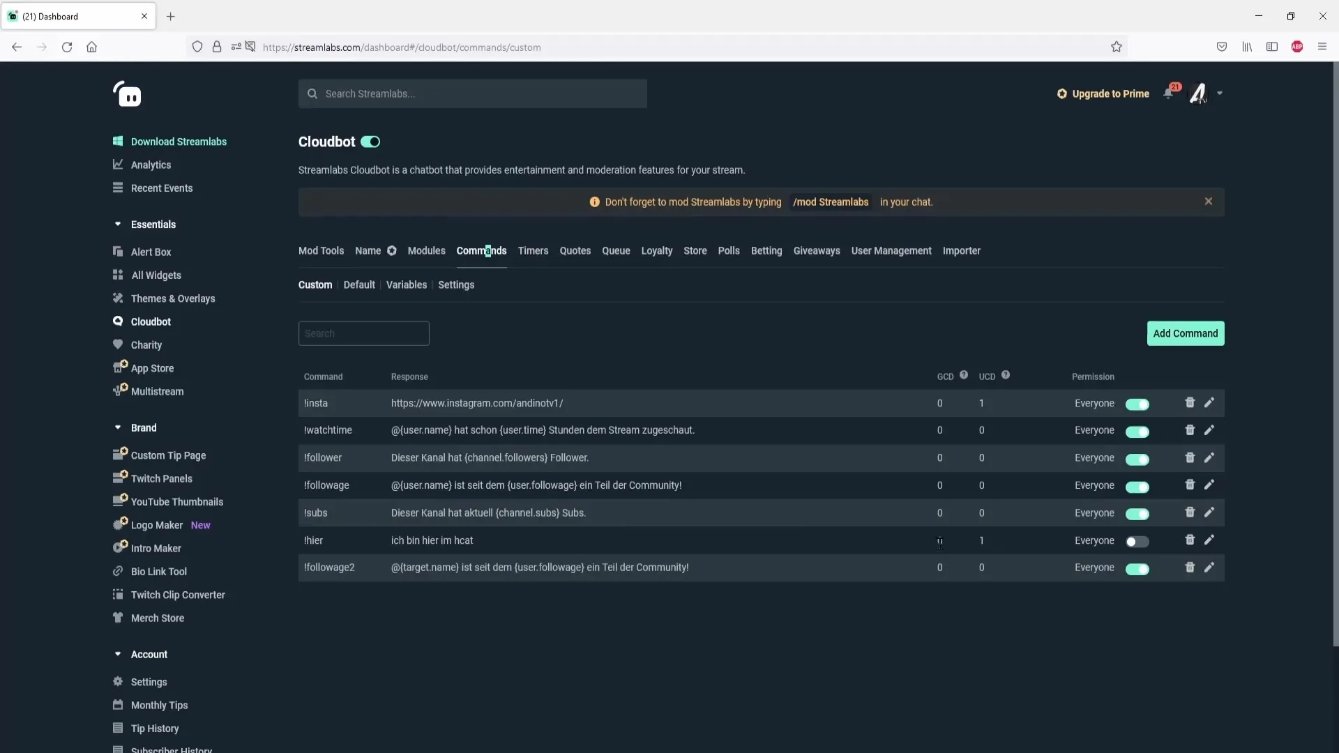Streamlabs OBS에서 효율적으로 명령 설정하기