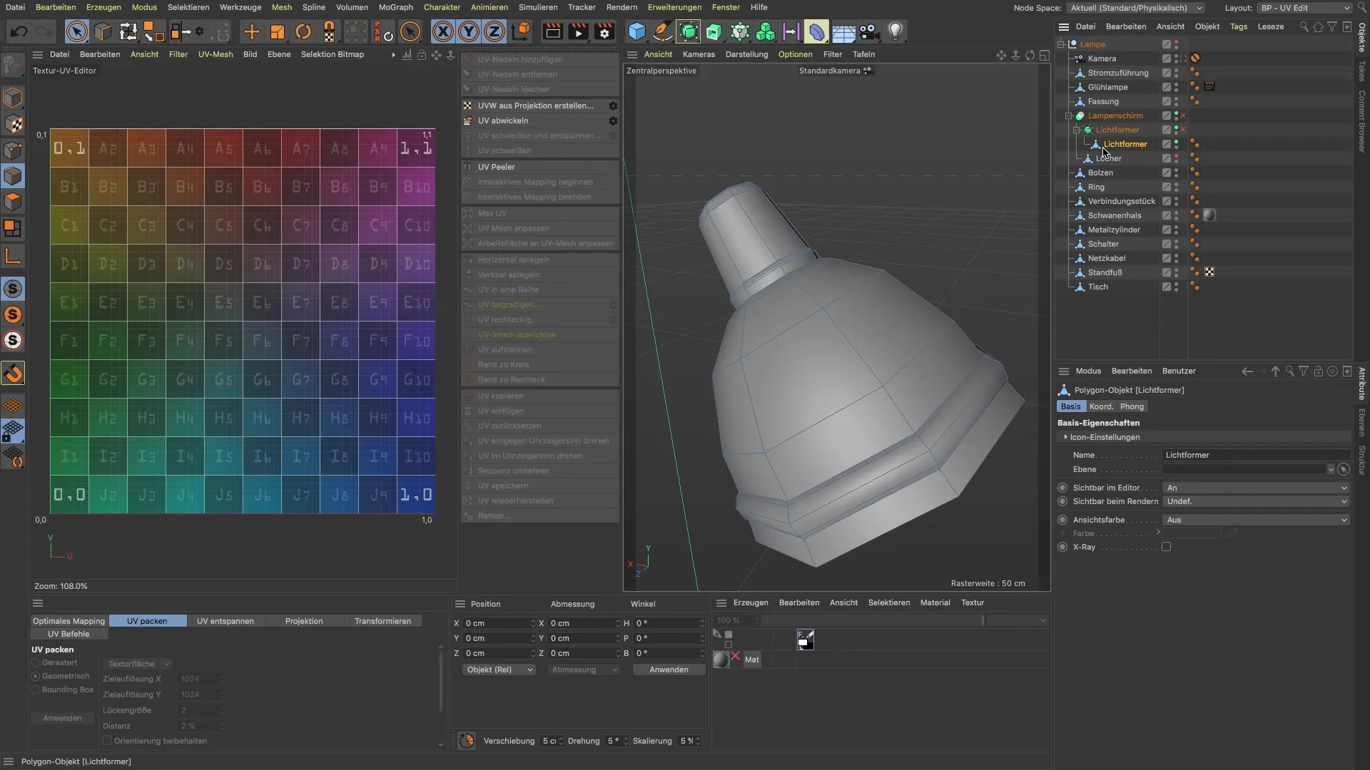 Step-by-step guide to unwrapping a lampshade in BodyPaint 3D