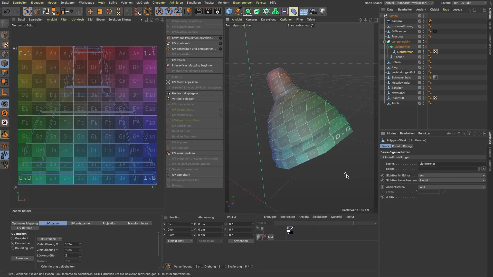 Step-by-step guide to unwrapping a lampshade in BodyPaint 3D