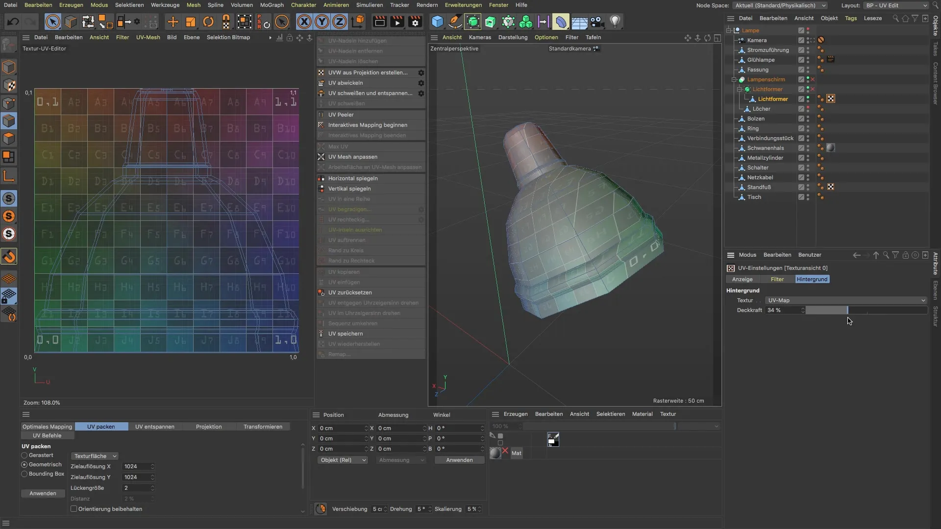 Step-by-step guide to unwrapping a lampshade in BodyPaint 3D