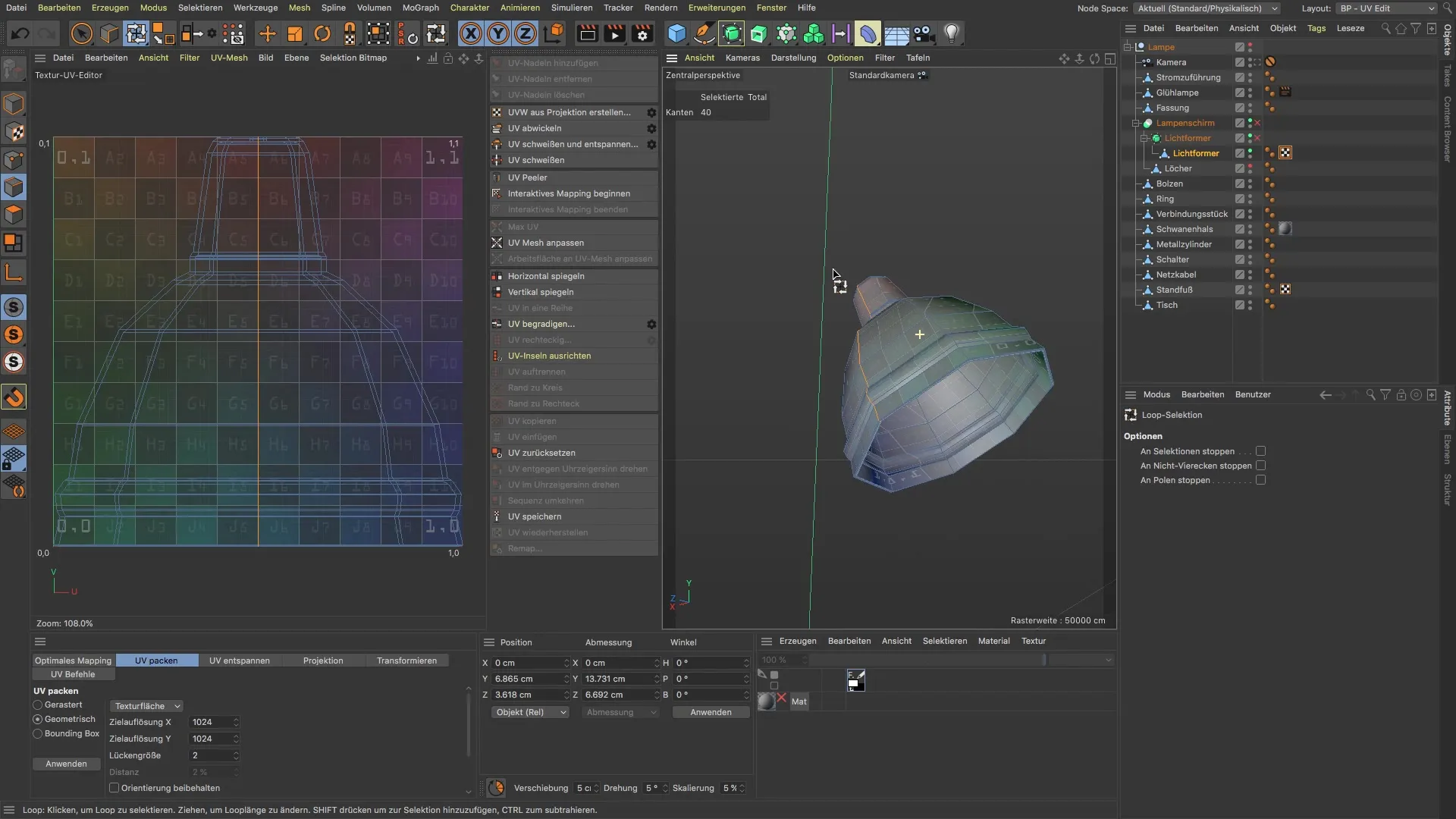 Step-by-step instructions for unwrapping a lampshade in BodyPaint 3D