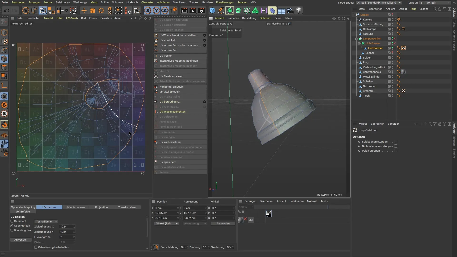 Step-by-step guide to unwrapping a lampshade in BodyPaint 3D