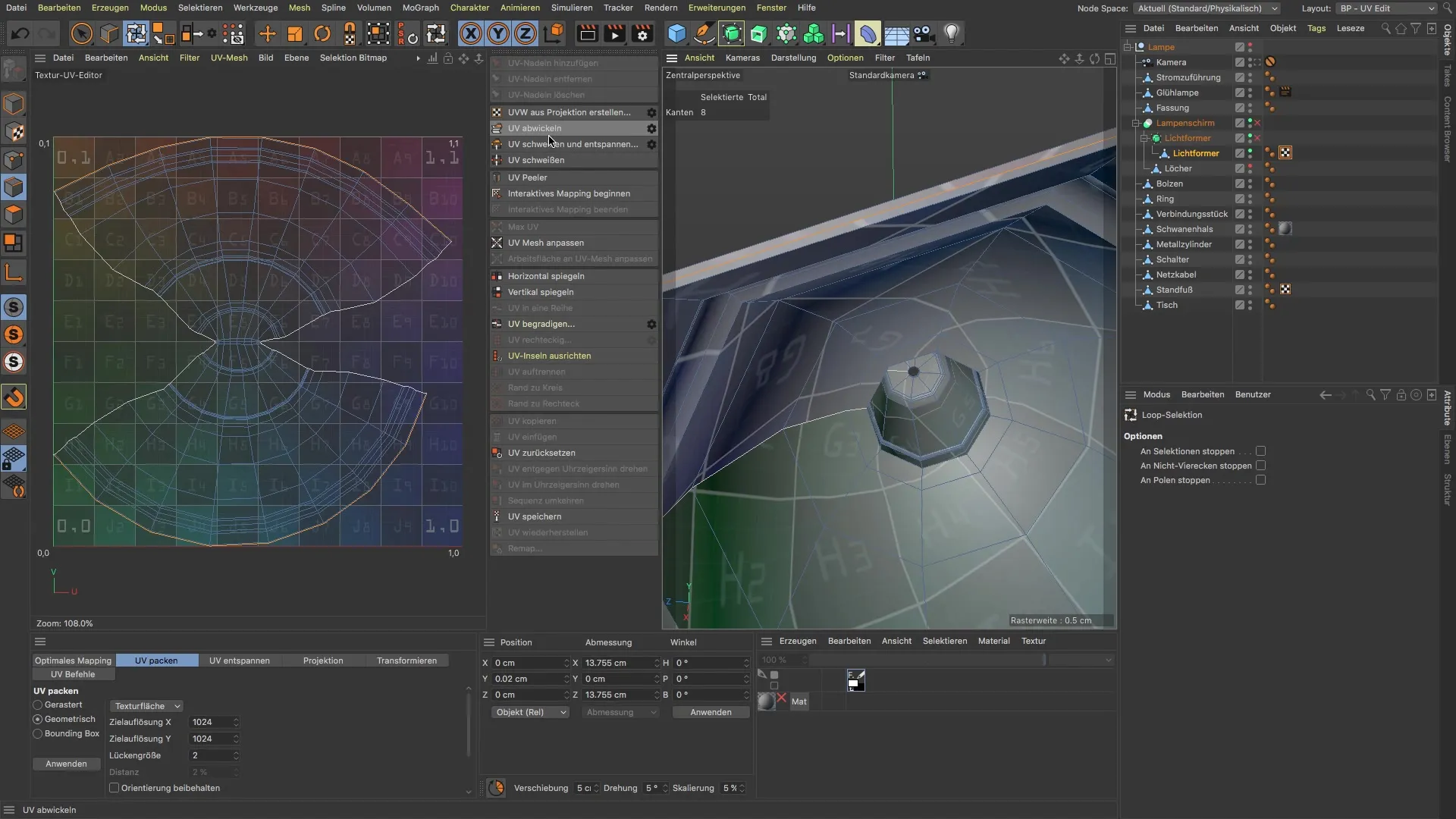 Step-by-step guide to unwrapping a lampshade in BodyPaint 3D