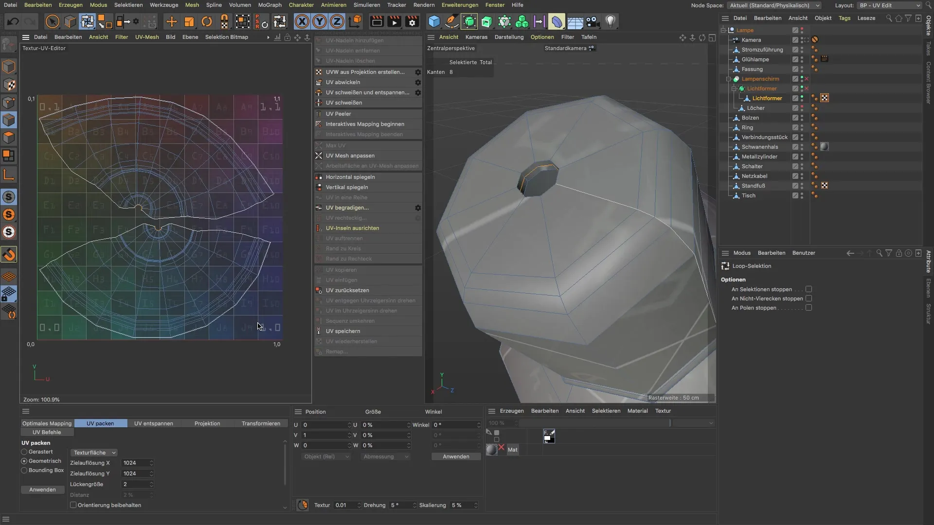 Step-by-step instruction for unwrapping a lampshade in BodyPaint 3D