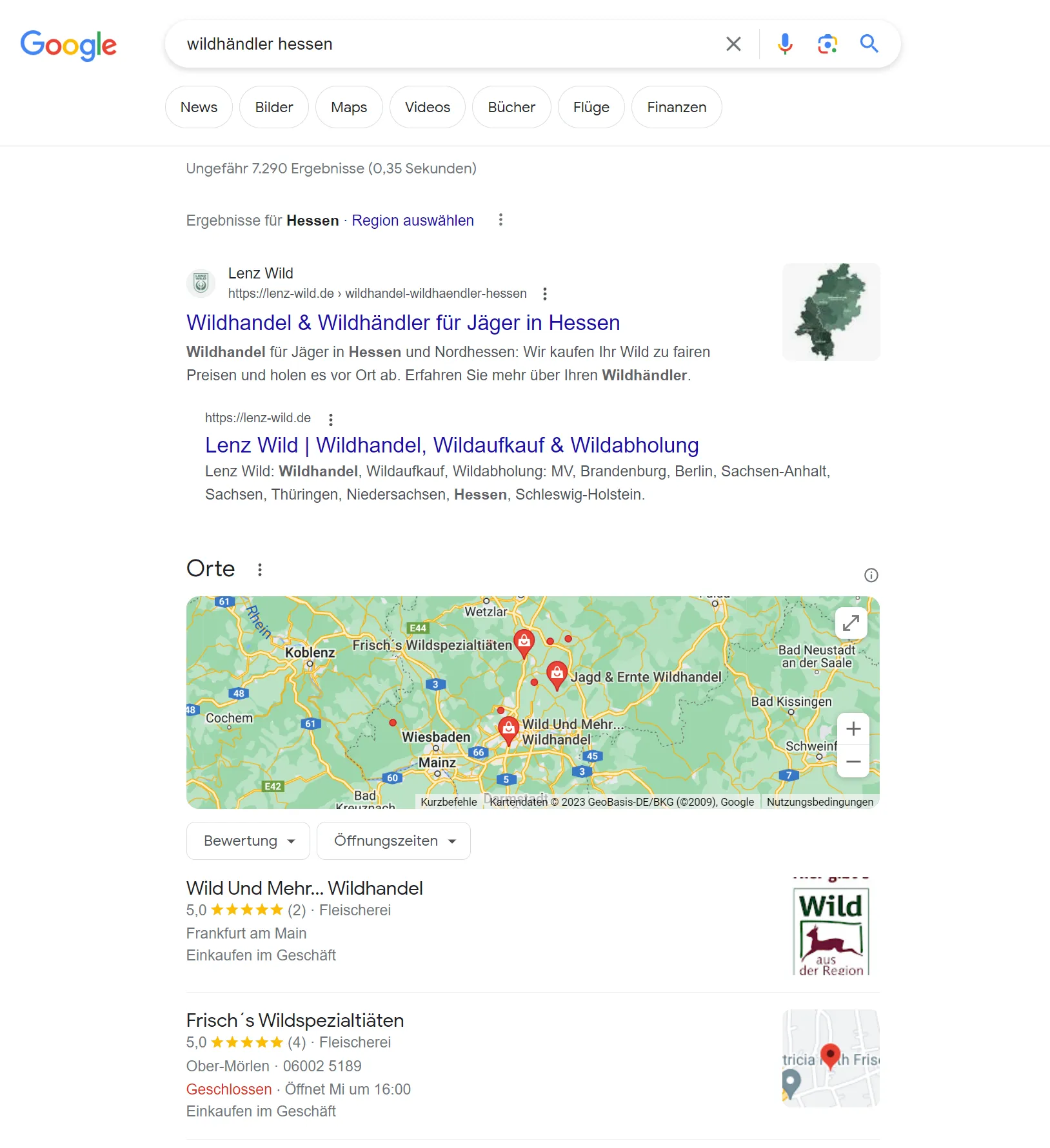Google-Suche für Wildhandel und SERPs