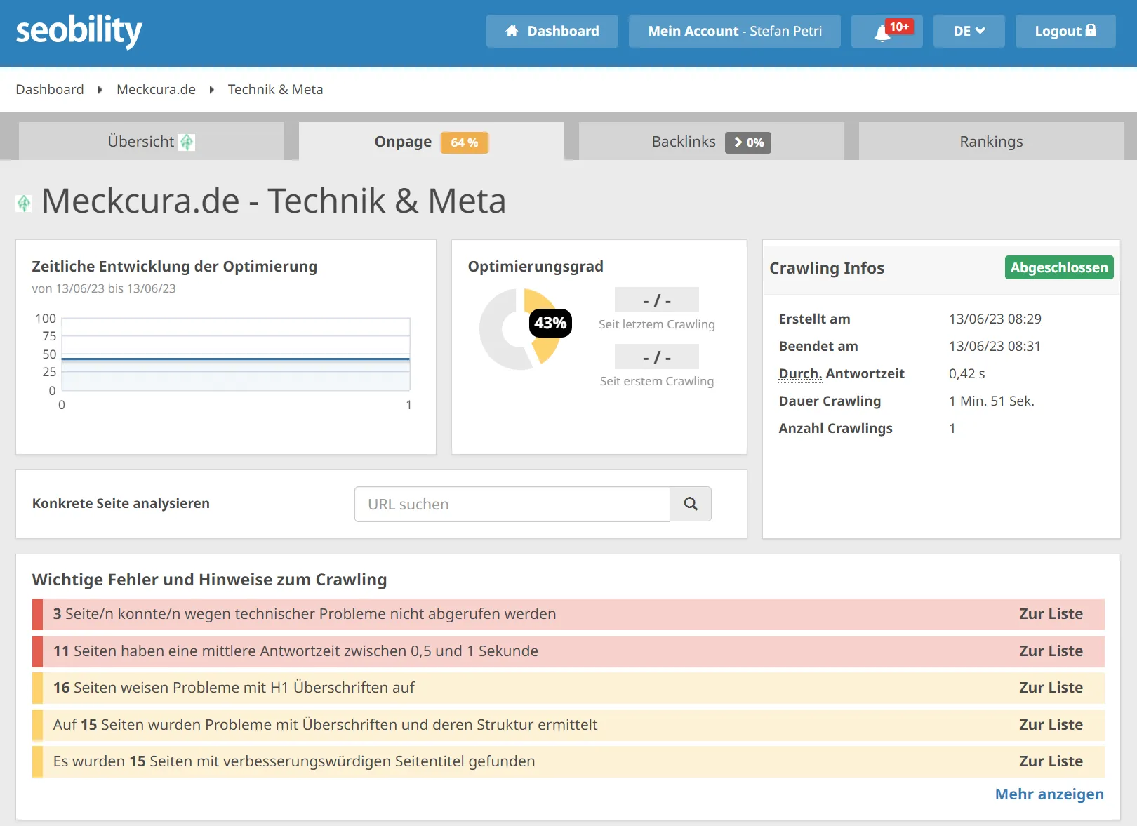 Comprobación SEO con problemas técnicos