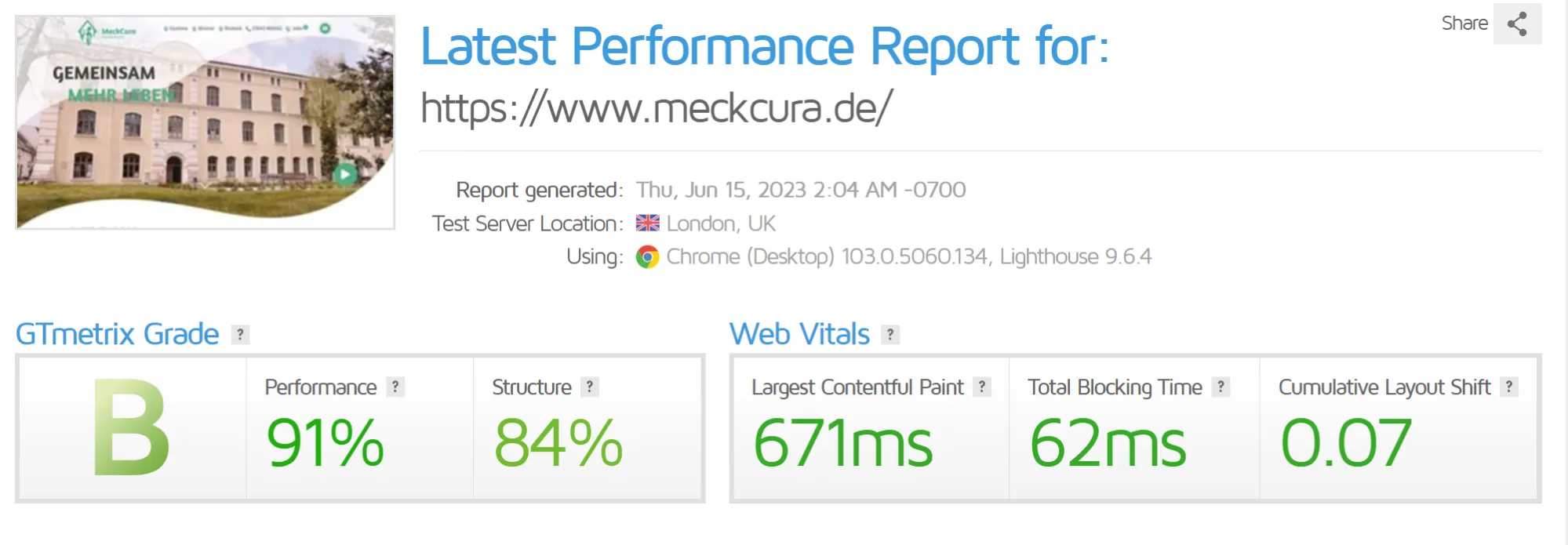 Prueba PageSpeed para la página de inicio con GTMetrix