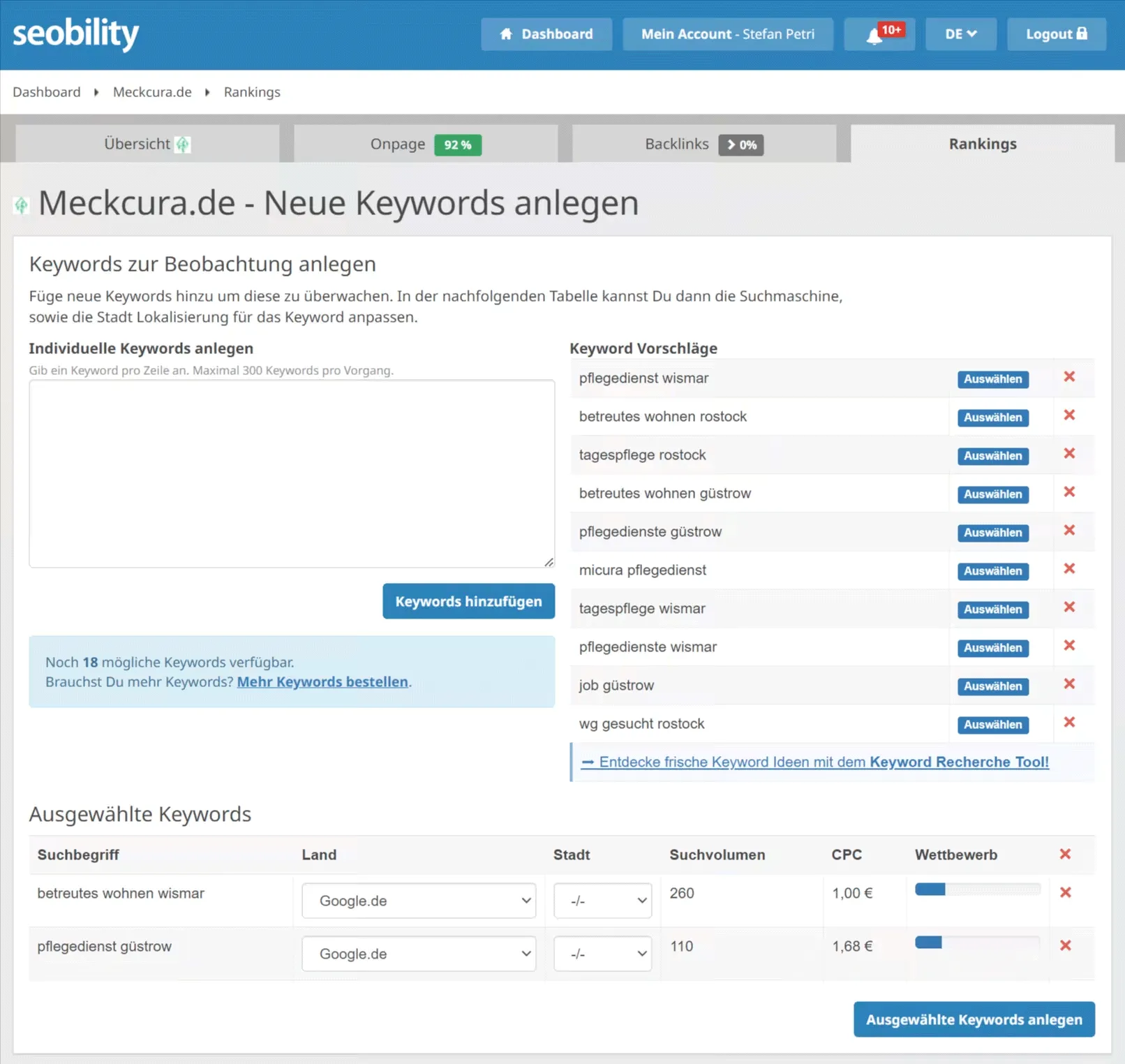 Einrichtung Ranking- und Keywordmonitoring