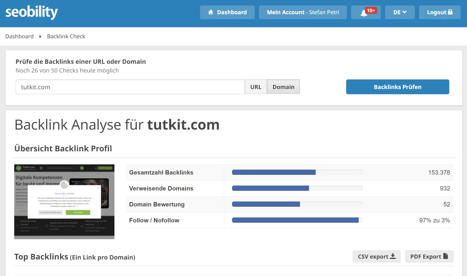 Comprobación de backlinks desde TutKit.com
