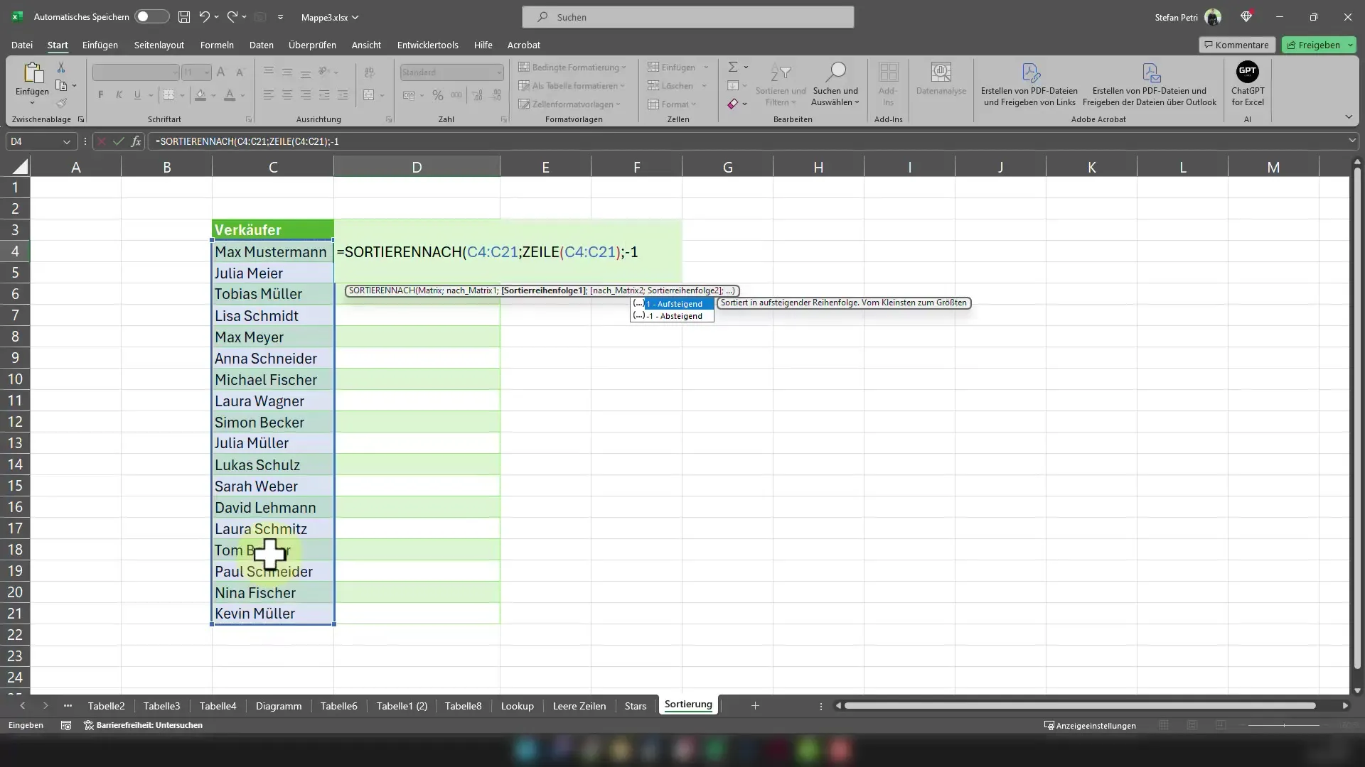 Excel'de ters veri sıralamasına yönelik talimatlar