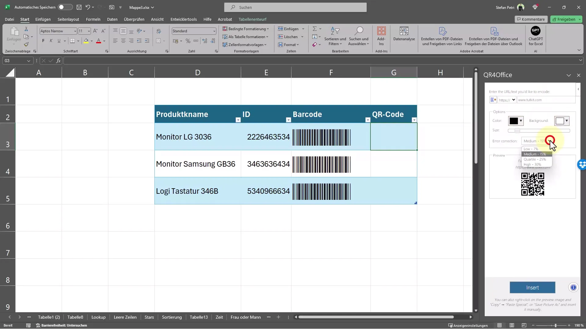 Excel'de hızlı bir şekilde barkod ve QR kodları oluşturma