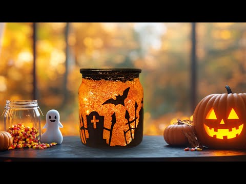 Forhåndsvisningsbillede: Lysende Halloween-natlys i glas: vejledning med video og billeder